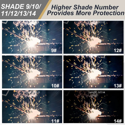 Premium Gold Welding Lens Shade 10 Replacement Filter For Standard Helmets 4.5 X 5.25 Inch Hardened Glass Plate displaying different shades.