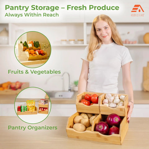 Stackable Bamboo Pantry Storage Bins Featuring Smooth Pull Out Trays A Straightforward Game Changer For Kitchen Organization Keeps Your Grub Fresh Inside multi size baskets with fresh produce.