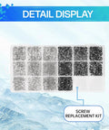 Top Shelf Samsung Galaxy Screw Replacement Kit For Every Smartphone Model Featuring Dead Simple Installation And Solid Fasteners To Keep Your Phone Locked Down Tight Without Damage, detailed display of assorted black and silver screws.