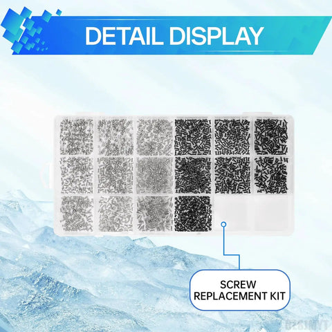 Top Shelf Samsung Galaxy Screw Replacement Kit For Every Smartphone Model Featuring Dead Simple Installation And Solid Fasteners To Keep Your Phone Locked Down Tight Without Damage, detailed display of assorted black and silver screws.