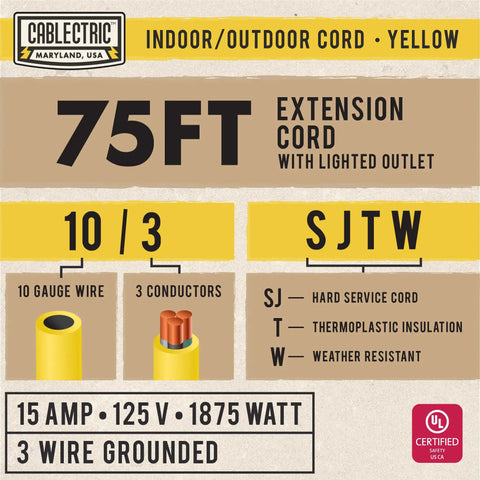 Product label for 75 Ft Heavy Duty Outdoor Extension Cord 10 AWG Waterproof Yellow SJTW Power Cable 15 Amp Lighted Plug