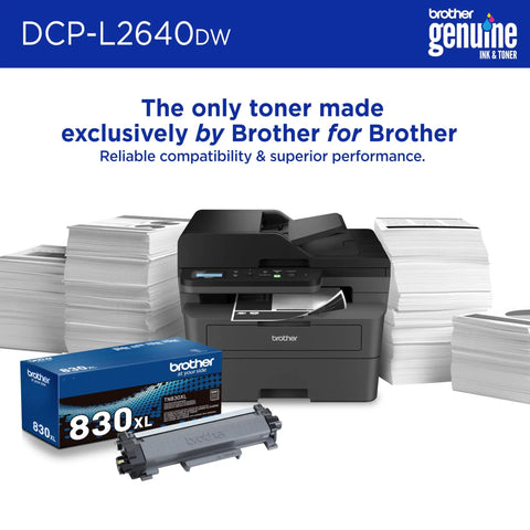 Compact Monochrome 3 In 1 Laser Printer With Copy Scan And Auto Duplex Wireless And Mobile Printing Alexa Compatible No Fuss Small Biz Workhorse For Home Office Use Includes Refresh Trial shown with toner and stacks of paper