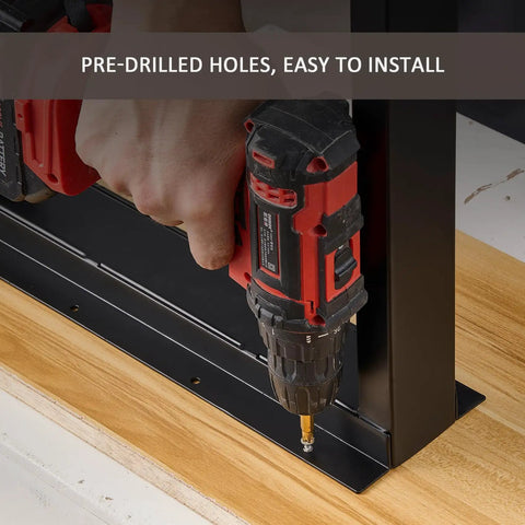 Installing black Beefy 30 Inch Metal Table Legs Set Of 2 With Adjustable Feet Pads on wooden surface using drill