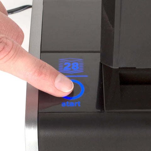 Close-up of finger pressing touch screen control on Electric Three Hole Punch For 28 Sheet Capacity With Auto Jam Reverse and platinum finish.