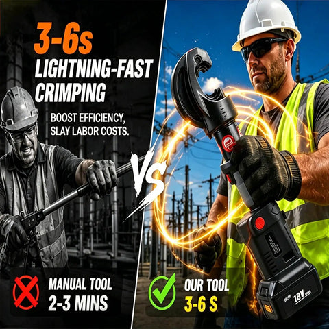Massive 120K New Electric Hydraulic Cable Crimping Tool With Dual Batteries showing fast crimping in 3-6 seconds for efficiency.