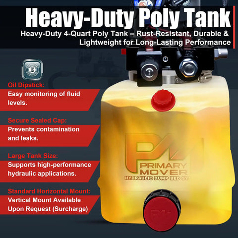 12V DC Double Acting 4 Quart Hydraulic Pump For Dump Trailer With Remote Controller Poly Reservoir Be Beefy Power Unit With Gravity Down And Power Down Modes showing heavy-duty poly tank with oil dipstick and sealed cap.