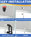 Easy installation guide for Top Shelf Aluminum Window Screen Plunger Latches, showcasing drilling and securing process.