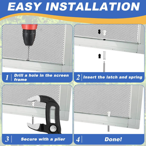 Easy installation guide for Top Shelf Aluminum Window Screen Plunger Latches, showcasing drilling and securing process.