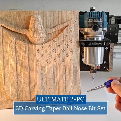 3D Carving Tapered Ball Nose End Mill Bit Set, One Quarter Inch Shank, Two Piece, used on CNC machine for detailed wood carving