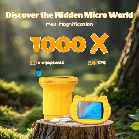 Ultimate Pocket Microscope For Kids With 1000X Zoom, 2.4 Inch HD Screen on a log outdoors, showing device features.