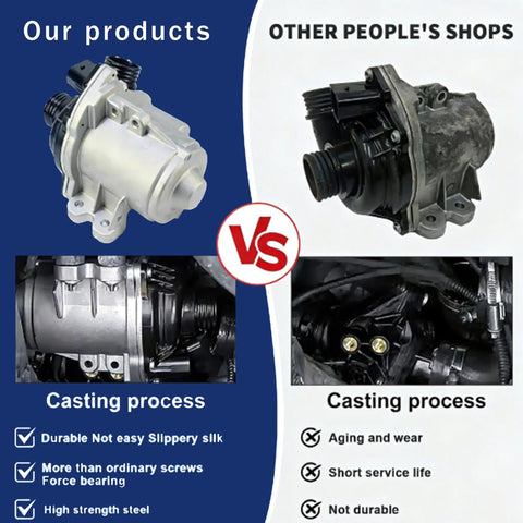 Comparison of Heavy Duty Electric Water Pump And Thermostat A Hella Smooth Cooling Upgrade with inferior products highlighting benefits.