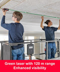 Disto D2G Laser Distance Meter For Pros With 390 Ft Range Green Beam Bluetooth NFC Data Transfer Smart Horizontal Add Subtract Volume 30 Measurement Memory Four Line Display Intelligent End Piece Hand Loop Pouch IP54 Indoor Use, ceiling layout