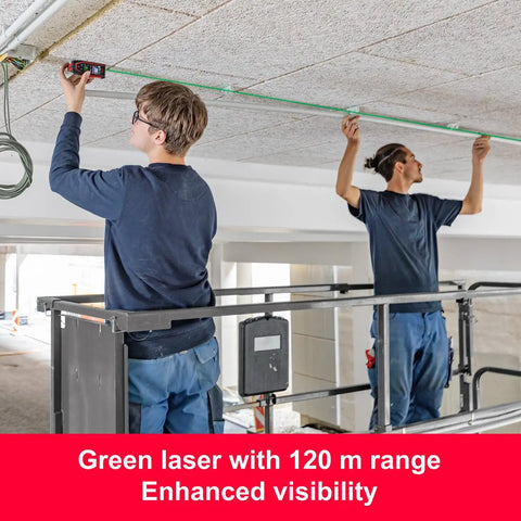 Disto D2G Laser Distance Meter For Pros With 390 Ft Range Green Beam Bluetooth NFC Data Transfer Smart Horizontal Add Subtract Volume 30 Measurement Memory Four Line Display Intelligent End Piece Hand Loop Pouch IP54 Indoor Use, ceiling layout