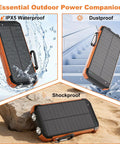 Portable Solar Charger And Power Bank With Wireless Fast Charging, 20000mAh Battery Pack, shown waterproof, dustproof, shockproof
