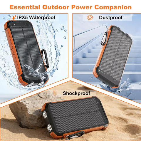 Portable Solar Charger And Power Bank With Wireless Fast Charging, 20000mAh Battery Pack, shown waterproof, dustproof, shockproof