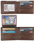 Men's Genuine Leather RFID Blocking Bifold Wallet With Two ID Windows Vegetable Tanned Cowhide Coffee Galaxy Finish Durable Yet Slim Everyday Carry Wallet For Bills And Cards open with cards and IDs visible.