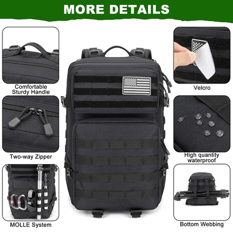 Rugged 45L Tactical Backpack Water Resistant MOLLE EDC Pack Large 3 Day Bug Out Bag with zippers and American flag patch