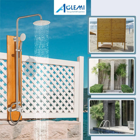 Outdoor Shower Setup Kit In 304 Stainless Steel With Brushed Nickel Finish 8 Inch Rain Shower Head High Pressure Hand Spray