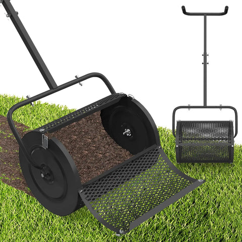 Lightweight 24 Inch Compost Spreader With U Shaped Handle And Durable Metal Mesh Basket Perfect For Spreading Topsoil Fertilizer Seed And Compost On Lawns And Gardens Easy Rolling Tool For Smooth Even Coverage