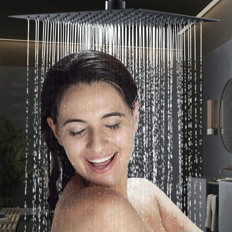 Woman enjoying shower under Black 10 Inch Rain Shower System With Wall Mounted Mixer, Luxury Spa Grade Set, Premium Pressure Balance Valve.