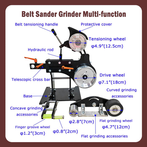 Belt Sander Grinder Multi-function with hydraulic rod, telescopic cross bar, and multiple accessory wheels for versatile use.