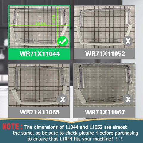 Right Door Fridge Door Bin Replacement Shelf 14 Inches By 9.2 Inches By 4 Inches Fits Fridges Some Models Not All Durable Gallon Shelf Easy Install Replaces Part Numbers Like WR71X11059 shown with measurements and compatibility grid for models WR71X11044, WR71X11052, WR71X11055, WR71X11067