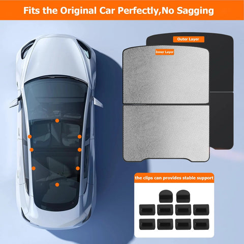 Top-down view of Tesla Model Y with Juniper roof sunshade kit, inner mesh and outer layer; clip set included.