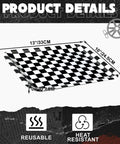 Set Of Three 13 X 10 Inch Rectangular Checkered Serving Trays Black And White Racer Platters for snacks and desserts with size measurements.