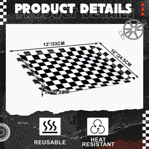 Set Of Three 13 X 10 Inch Rectangular Checkered Serving Trays Black And White Racer Platters for snacks and desserts with size measurements.