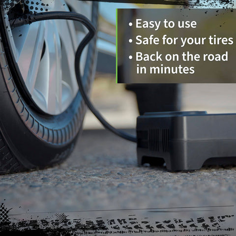 Flat Tire Emergency Repair Kit With Five Point Eight Four Ounce Sealant And Digital Tire Inflator Pump inflating car tire
