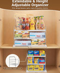 Heavy Duty Expandable Three Tier Kitchen Cabinet Organizer And Pantry Shelf Rack For Plastic Wrap Foil Storage Bags And Snack Boxes in a cabinet with adjustable levels.