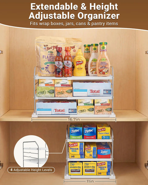 Heavy Duty Expandable Three Tier Kitchen Cabinet Organizer And Pantry Shelf Rack For Plastic Wrap Foil Storage Bags And Snack Boxes in a cabinet with adjustable levels.