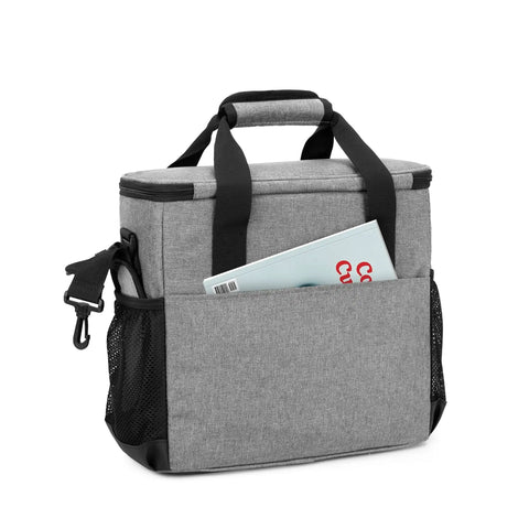 Portable Coffee Maker Travel Bag For Keurig K Mini And K Mini Plus With Multiple Pockets, gray, side view showing magazine pocket.