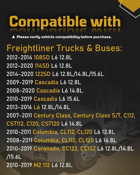 Text listing compatible Freightliner truck models and engine sizes from 2009 to 2020 for 6 Piece Oil And Lube Filter Set.