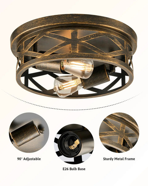 Industrial Three Bulb Ceiling Light With Vintage Metal Cage, Oil Rubbed Bronze Flush Mount Fixture, adjustable and sturdy