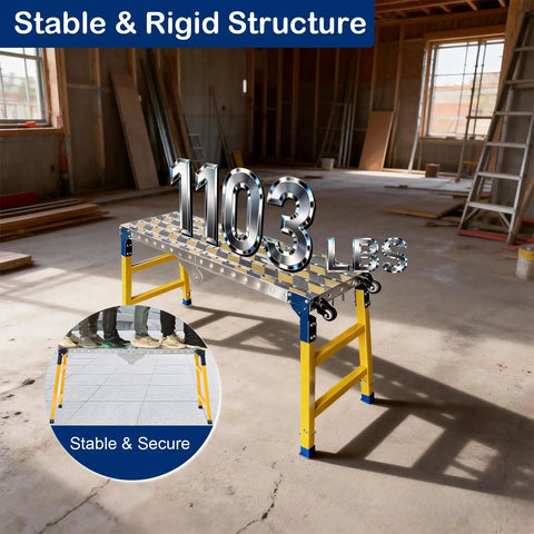 Heavy Duty Steel Welding Table Workbench With Slick Glide Casters Adjustable Height Folding Scaffold And Rock Solid Non Slip Platform Built Like A Tank For Garage Hustle with stable structure showing 1103 lbs capacity.