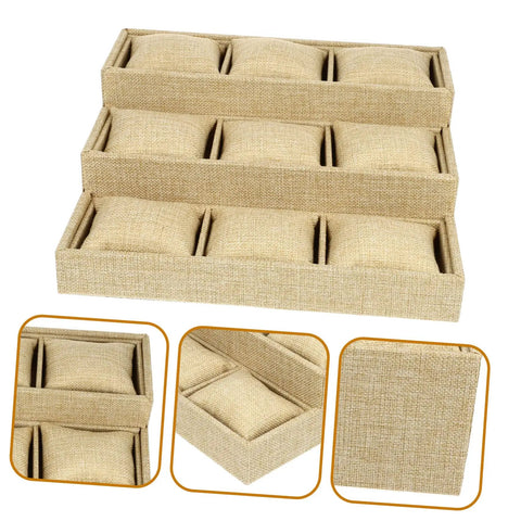 9 Slot Watch Tray Linen Storage Organizer With Cushioned Dividers Jewelry Display Plate held in a stacked arrangement.