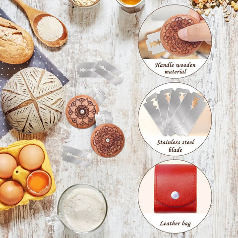 Pro Grade Bread Lame Cutter Set For Home Bakers With 2 Sourdough Scorers, 10 Replaceable Blades, Leather Storage Bags shown