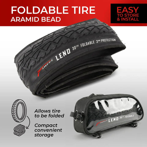 Pair Of 26x1.95 Bike Tires With 3mm Anti-Puncture Kevlar Layer And Inner Tubes, 50-559 Slick City Foldable MTB Tires For Electric, City, Road, Hybrid, Commuter Bikes, 30 TPI, folded and stored
