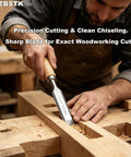 4 Piece Ultra Sharp Wood Chisel Set With CR V Steel Beveled Blades And Guards Comfortable Durable Handles For Carving DIY And Woodworking One Quarter Inch One Half Inch Three Quarter Inch And One Inch in use for precision woodworking on a wooden surface.