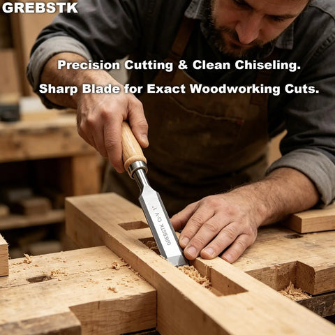 4 Piece Ultra Sharp Wood Chisel Set With CR V Steel Beveled Blades And Guards Comfortable Durable Handles For Carving DIY And Woodworking One Quarter Inch One Half Inch Three Quarter Inch And One Inch in use for precision woodworking on a wooden surface.