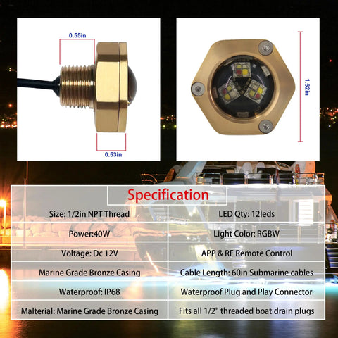 Underwater Boat Drain Plug Light With App Control, RGBW 4 In 1 LED, IP68 Waterproof Bronze Marine Housing, specifications sheet