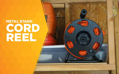Heavy Duty Metal Extension Cord Reel Stand For 100 Ft 14 3 Cords, Rugged Black Base on a shelf
