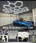 Hexagon Led Garage Light Set with 15 hex honeycomb panels in a garage, ceiling view, 68800 lumens, 6000K daylight shop light.