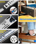 Heavy-Duty Locking Drawer Slides With Side-Mount Ball Bearing Rails Full Extension Track Glides For Cabinets And Cupboards 550mm 22in Length High Load Capacity Smooth Quiet Operation For Heavy Use in various applications and close-up details, highlighting detachable design and high load-bearing capacity.
