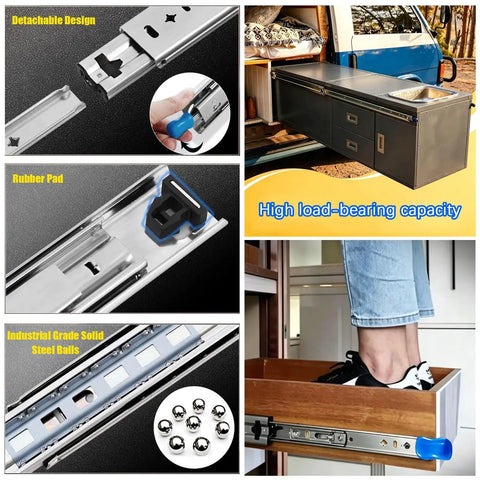 Heavy-Duty Locking Drawer Slides With Side-Mount Ball Bearing Rails Full Extension Track Glides For Cabinets And Cupboards 550mm 22in Length High Load Capacity Smooth Quiet Operation For Heavy Use in various applications and close-up details, highlighting detachable design and high load-bearing capacity.