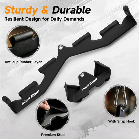 Lock In Multi Function Cable Machine Attachment Set With Grip Friendly Lat Pulldown Bars And Heavy Duty Tricep Rope For Legit Home Gym Strength Workouts And Beast Mode Back Blasting, featuring durable black steel construction with anti-slip rubber.