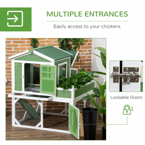 49 Inch Chicken Coop With Garden Space And Outdoor Run Cage Weatherproof Hen House for 2 to 4 birds, green, showing multiple entrances