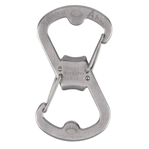 Stainless steel Dual Bottle Opener And SBiner Carabiner Combo with double sided openers and two attachment modes.