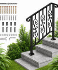 Heavy Duty Wrought Iron Porch Railing For Outdoor Stairs with tools and components for installation on steps.